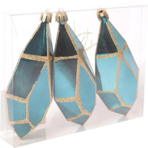 Zestaw 3 plastikowych bombek w kształcie diamentów w odcieniu turkusowym z złotym brokatem, 13 cm