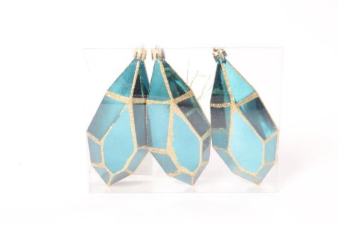 Zestaw 3 plastikowych bombek w kształcie diamentów w odcieniu turkusowym z złotym brokatem, 13 cm