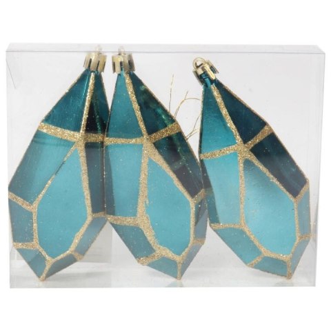 Zestaw 3 plastikowych bombek w kształcie diamentów w odcieniu turkusowym z złotym brokatem, 13 cm