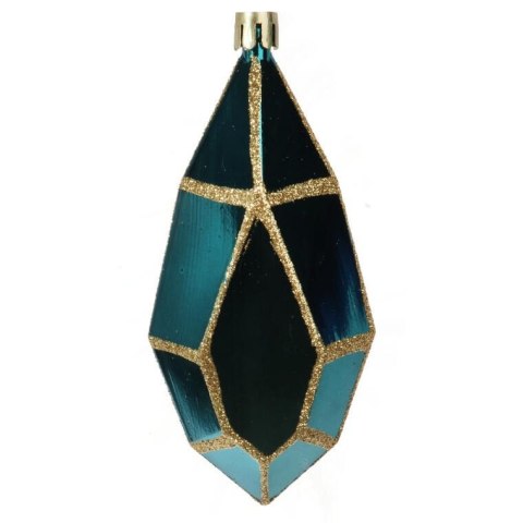 Zestaw 3 plastikowych bombek w kształcie diamentów w odcieniu turkusowym z złotym brokatem, 13 cm