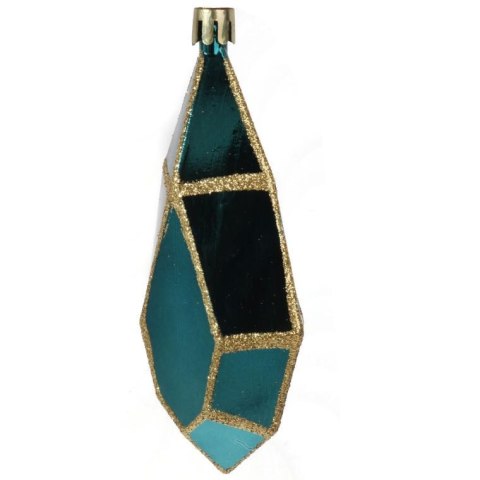 Zestaw 3 plastikowych bombek w kształcie diamentów w odcieniu turkusowym z złotym brokatem, 13 cm