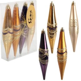 Zestaw 4 Plastikowych Bombek Bożonarodzeniowych z Brokatowym Dekorem, Fioletowo-Złote, 14,5 cm