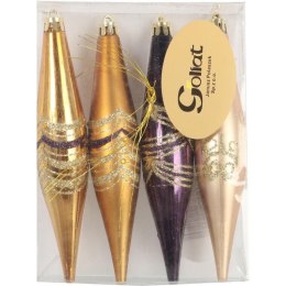 Zestaw 4 Plastikowych Bombek Bożonarodzeniowych z Brokatowym Dekorem, Fioletowo-Złote, 14,5 cm