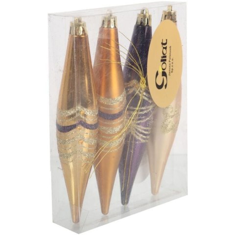 Zestaw 4 Plastikowych Bombek Bożonarodzeniowych z Brokatowym Dekorem, Fioletowo-Złote, 14,5 cm