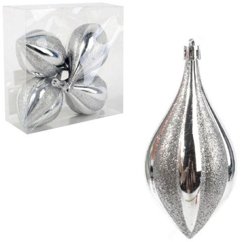 Zestaw 4 Srebrnych Bombek Bożonarodzeniowych z Brokatem, Plastikowych, 13 cm