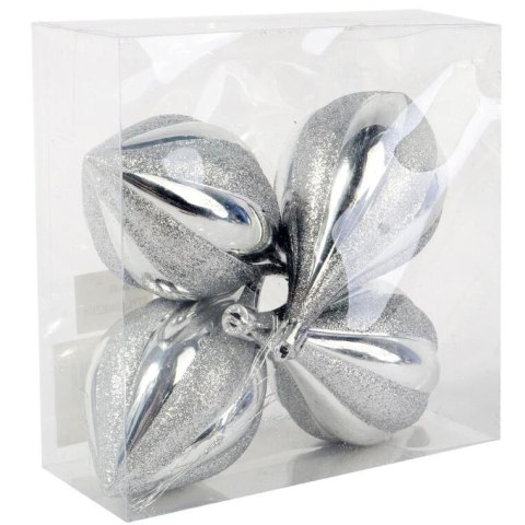 Zestaw 4 Srebrnych Bombek Bożonarodzeniowych z Brokatem, Plastikowych, 13 cm