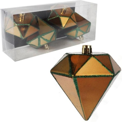 Zestaw 4 Złotych Bombek Plastikowych w Kształcie Diamentów z Zielonym Brokatem, 10 cm