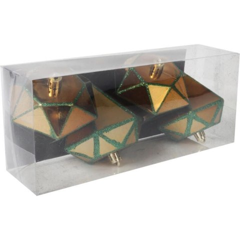 Zestaw 4 Złotych Bombek Plastikowych w Kształcie Diamentów z Zielonym Brokatem, 10 cm