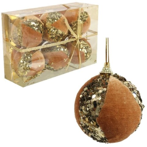 Zestaw 6 Aksamitnych, Złotych Bombek z Cekinami 7 cm - Bombki Plastikowe na Choinkę