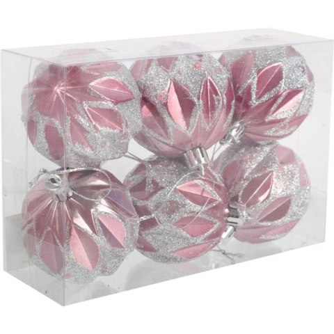 Zestaw 6 Eleganckich, Plastikowych Bombek Bożonarodzeniowych 6 cm - Kolor Różowy