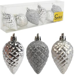 Zestaw 6 Srebrnych Bombek Choinowych w Kształcie Szyszek - Mix Mat i Połysk, Plastikowe