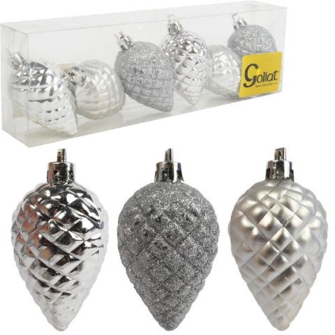 Zestaw 6 Srebrnych Bombek Choinowych w Kształcie Szyszek - Mix Mat i Połysk, Plastikowe