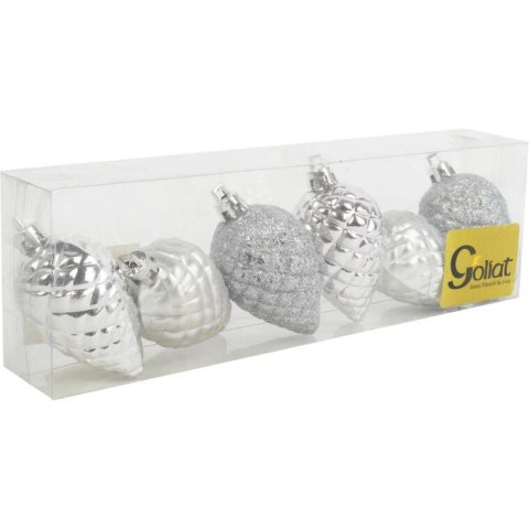 Zestaw 6 Srebrnych Bombek Choinowych w Kształcie Szyszek - Mix Mat i Połysk, Plastikowe
