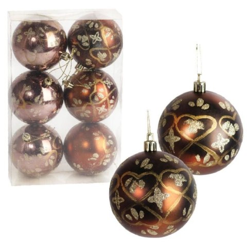 Zestaw 6 bombek plastikowych z dekorem 8 cm kolor brązowy