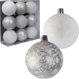 Zestaw 9 Mrożonych Bombek Plastikowych z Brokatowym Dekorem, Kolor Pudrowy Róż, 6 cm