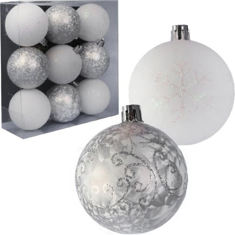 Zestaw 9 Mrożonych Bombek Plastikowych z Brokatowym Dekorem, Kolor Pudrowy Róż, 6 cm