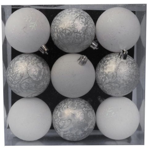 Zestaw 9 Mrożonych Bombek Plastikowych z Brokatowym Dekorem, Kolor Pudrowy Róż, 6 cm