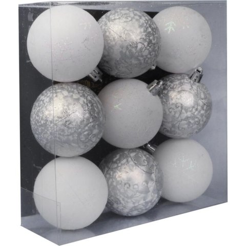 Zestaw 9 Mrożonych Bombek Plastikowych z Brokatowym Dekorem, Kolor Pudrowy Róż, 6 cm