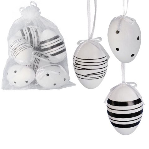 Jajka plastikowe zawieszki zestaw 6 sztuk 6 cm biało czarne