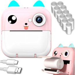 Drukarka termiczna dla dzieci z aparatem fotograficznym głośnikiem 5 gier Mini Kot 11 rolek - różowa