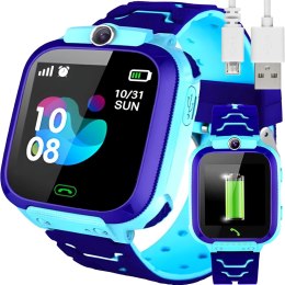 Smartwatch zegarek dla dzieci na kartę SIM lokalizacja GPS SOS kamera latarka - niebieski