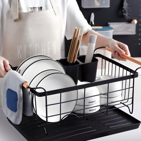 Suszarka do naczyń ociekacz metalowy z pojemnikiem na sztućce tacką - czarny