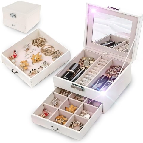 Szkatułka pudełko organizer na biżuterię pierścionki z szufladą - kremowy