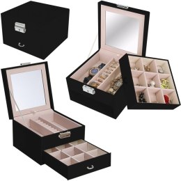 Szkatułka pudełko organizer na biżuterię z lusterkiem szufladą - czarny