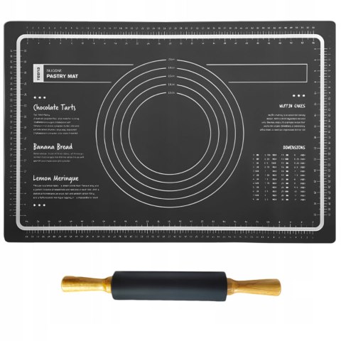 Zestaw wałek i stolnica mata silikonowa z podziałką do ciasta 60 x 40 cm - czarne
