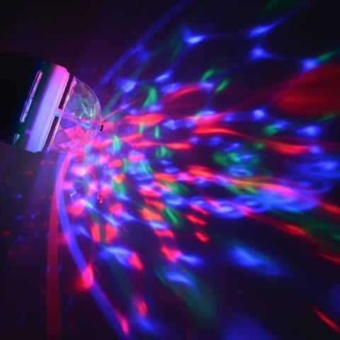 Kula Dyskotekowa - Żarówka LED Projektor Disco RGB, Obrotowa Głowica, E27, 15 cm, Zasilanie Sieciowe.
