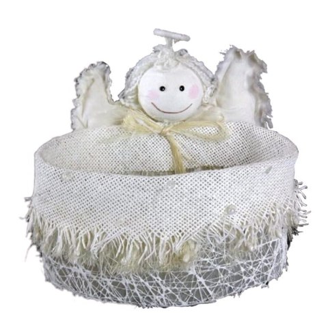Owalny Koszyk Sizalowy z Białym Aniołem Pokrytym Opalizującym Brokatem