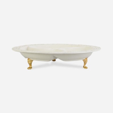 Talerz Ceramiczny z Przegrodami na Złotych Nóżkach 24 cm - Kolekcja Koronkowa