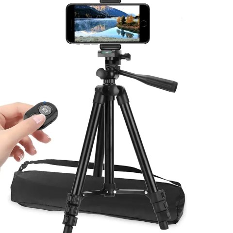 Statyw tripod z uchwytem na telefon pilotem Bluetooth 35-103 cm