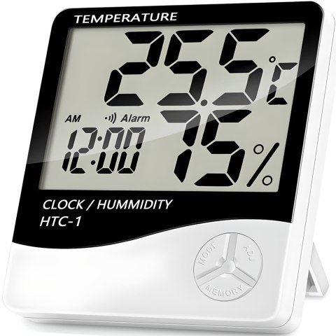 Termometr higrometr cyfrowy z zegarkiem budzikiem datą stojący na baterie 0-50C