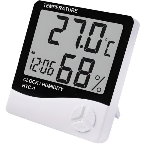 Termometr higrometr cyfrowy z zegarkiem budzikiem datą stojący na baterie 0-50C