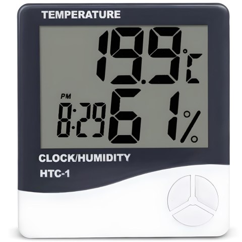 Termometr higrometr cyfrowy z zegarkiem budzikiem datą stojący na baterie 0-50C