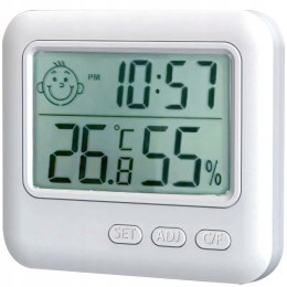 Termometr higrometr pokojowy stojący z zegarkiem budzikiem LCD