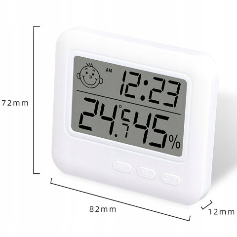 Termometr higrometr pokojowy stojący z zegarkiem budzikiem LCD