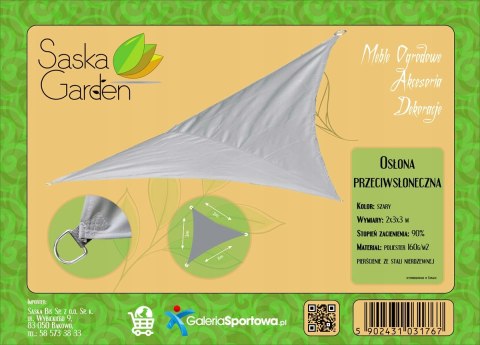 ŻAGIEL PRZECIWSŁONECZNY OGRODOWY TRÓJKĄT 3X3X2M SZARY