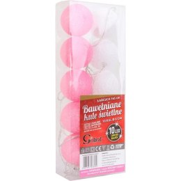 10 Bawełnianych Kul Świetlnych LED 6 cm, Różowo-Białe, z Bateriami, Ciepłe Białe Światło