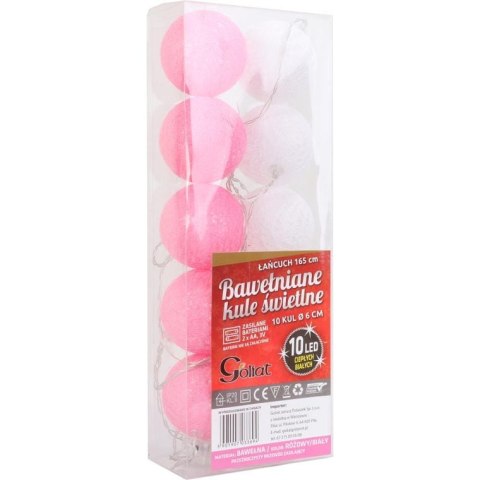 10 Bawełnianych Kul Świetlnych LED 6 cm, Różowo-Białe, z Bateriami, Ciepłe Białe Światło