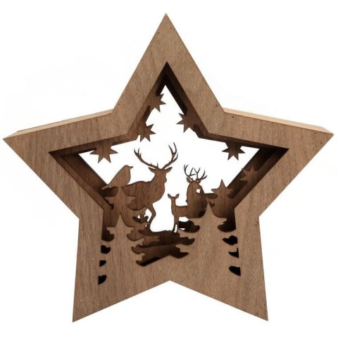 DEKORACJA ŚWIETLNA 10 LED DREWNIANA GWIAZDA Z RENIFERAMI 28 CM