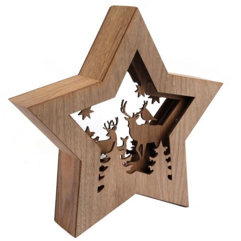 DEKORACJA ŚWIETLNA 10 LED DREWNIANA GWIAZDA Z RENIFERAMI 28 CM