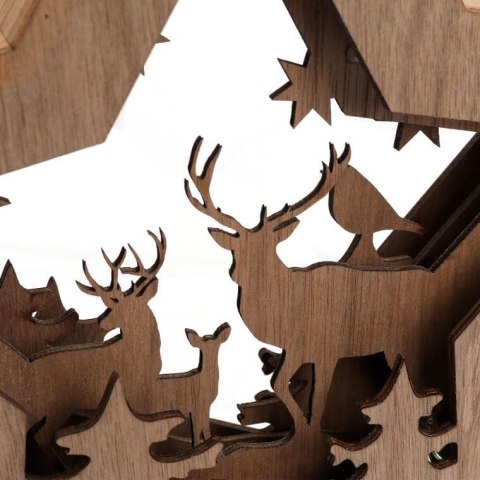 DEKORACJA ŚWIETLNA 10 LED DREWNIANA GWIAZDA Z RENIFERAMI 28 CM