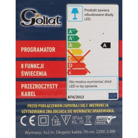 Lampki Choinkowe LED na Siatce 3x2m, Ciepły Biały, Zasilanie Sieciowe, Przeznaczone do Użycia Zewnętrznego