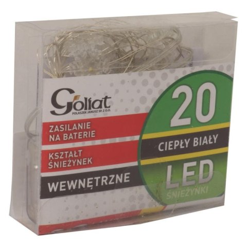 Lampki Świąteczne: 20 LED Śnieżynki na Niewidocznym Druciku, Ciepłe Białe światło, Zasilane Bateriami AA