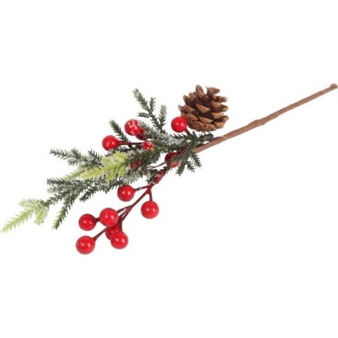 PIK GAŁĄZKA ozdobna z JARZĘBINĄ I SZYSZKĄ OŚNIEŻONA 34 CM czerwona