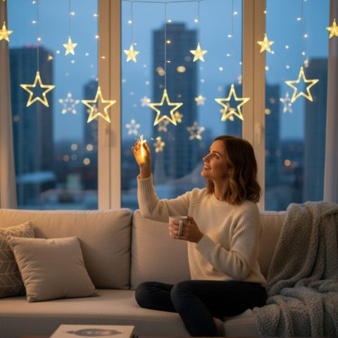 KURTYNA ŚWIETLNA GWIAZDKI OZDOBY ŚWIĄTECZNE LAMPKI 120 LED CIEPŁY BIAŁY