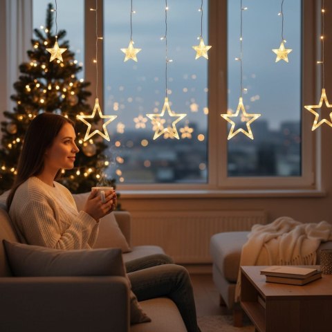 KURTYNA ŚWIETLNA GWIAZDKI OZDOBY ŚWIĄTECZNE LAMPKI 120 LED CIEPŁY BIAŁY