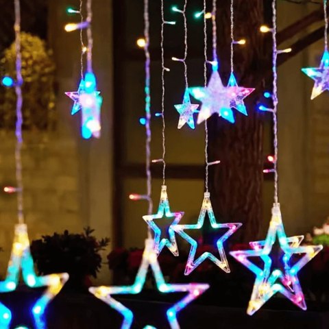 KURTYNA ŚWIETLNA GWIAZDKI OZDOBY ŚWIĄTECZNE LAMPKI 120 LED MULTIKOLOR